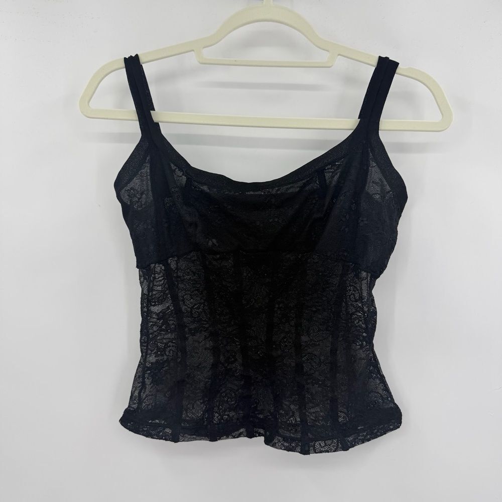 On Gossamer Womens Black Floral Lace Corset Style Camisole Top Sheer Size Large
